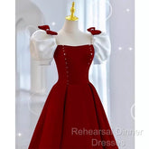 Modest A Line Long Short Sleeves Satin Red Semi Formal Prom Dresses